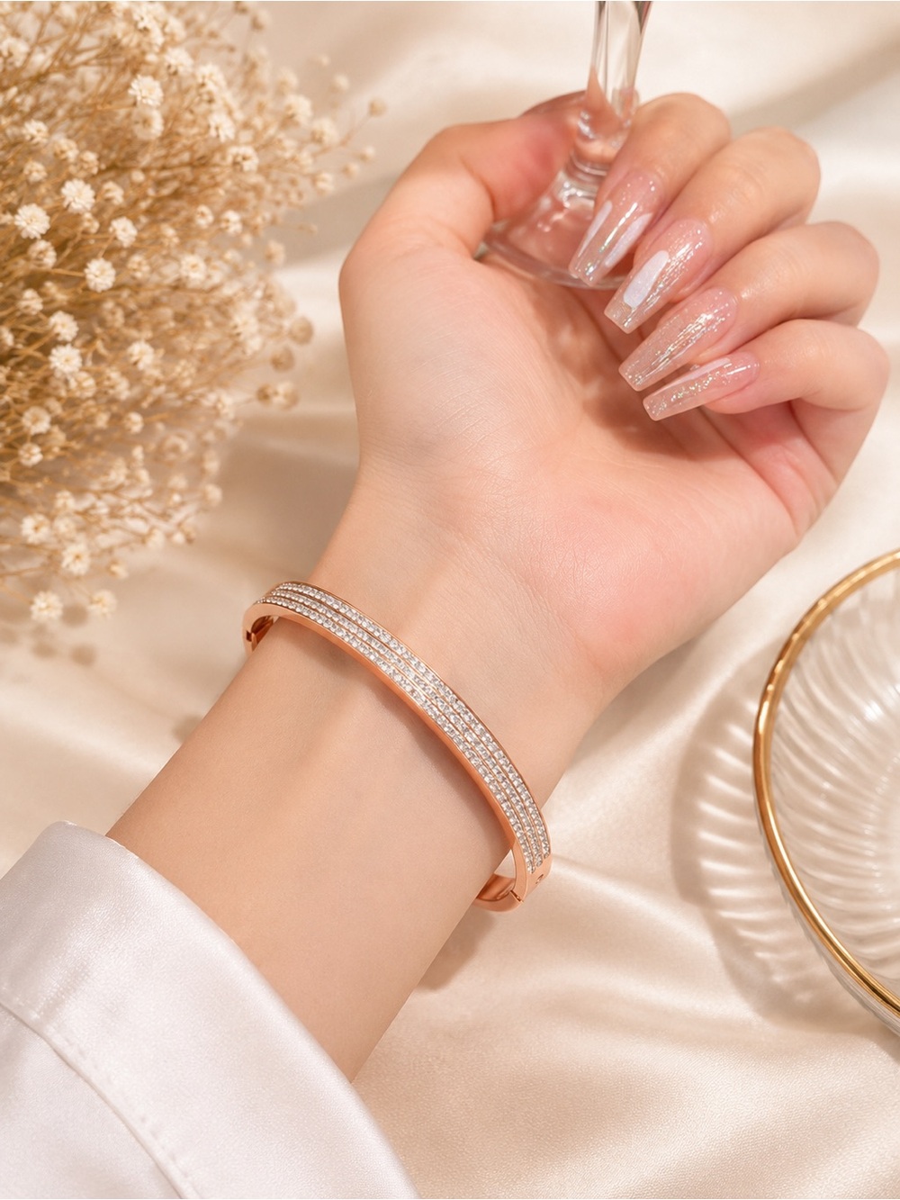 18K Rose Gold Plated Stainless Steel CZ Bangle Bracelet